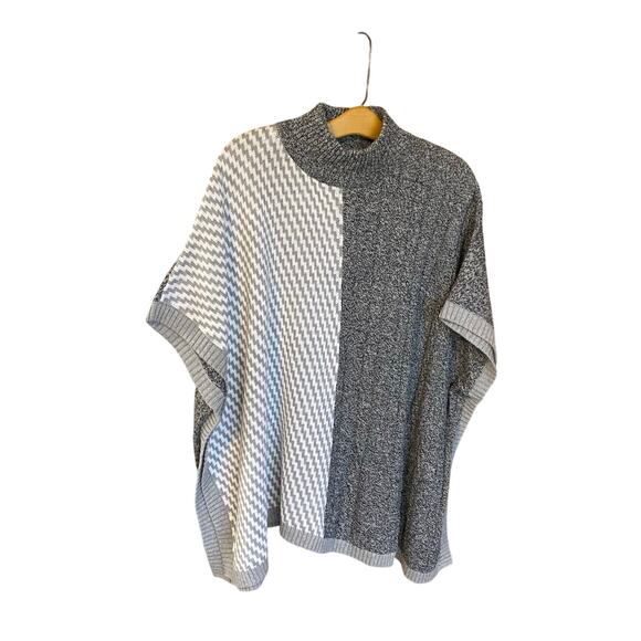 Chico’s Cotton Poncho Sweater OS Gray Houndstooth Marled Knit Mock Neck - Picture 1 of 7